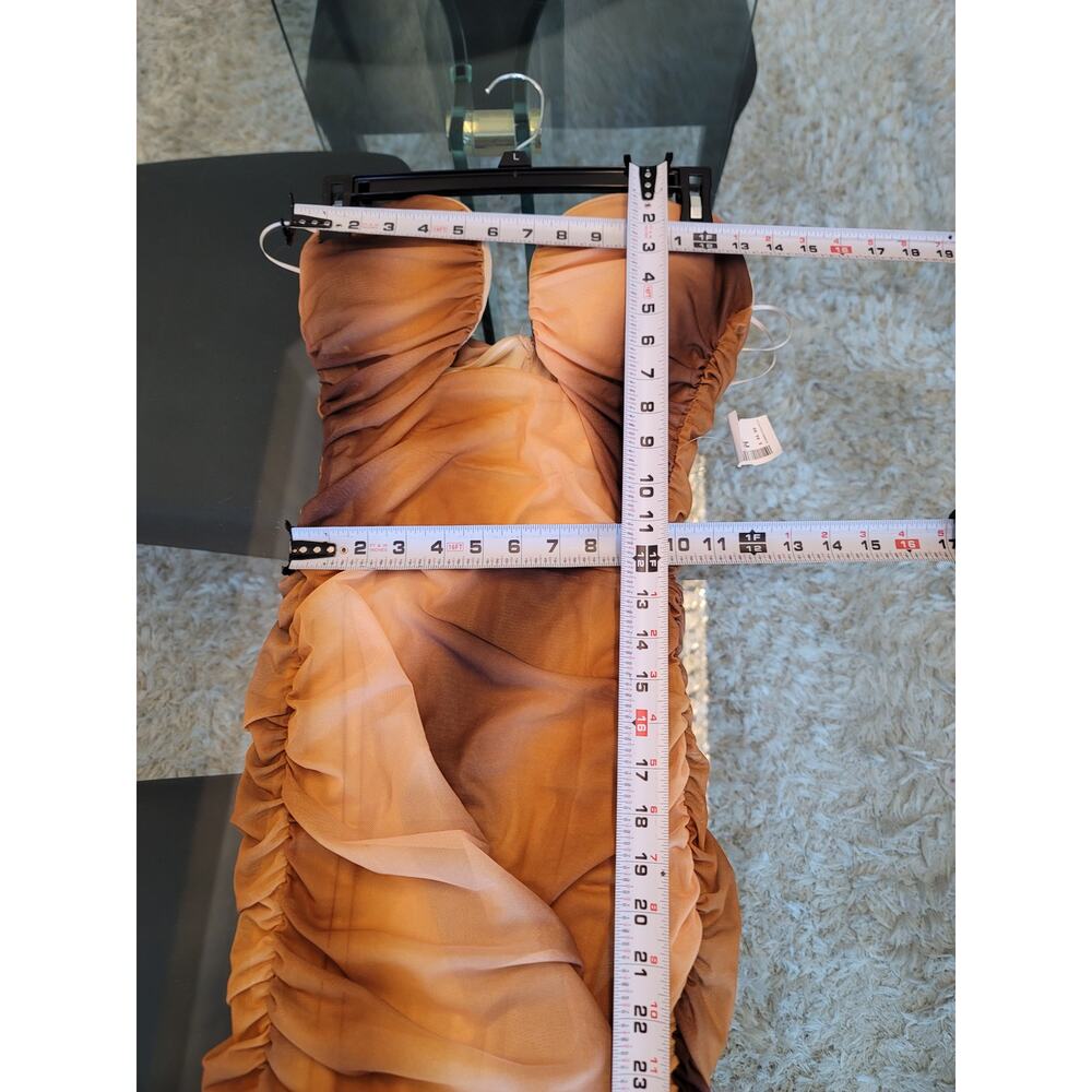 Blanc Midi Dress Womens Medium Brown Beige Wired Mesh Ruched Cutout U-Bar Casual - Picture 11 of 13